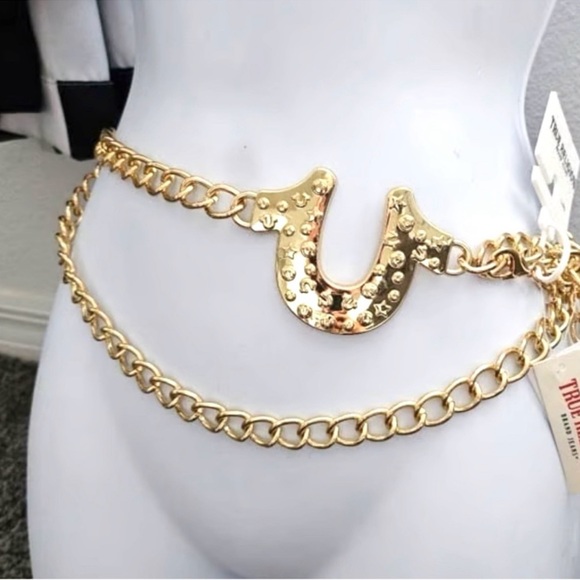 🆕True Religion Gold Horseshoe Chain Statement Belt - Picture 1 of 5